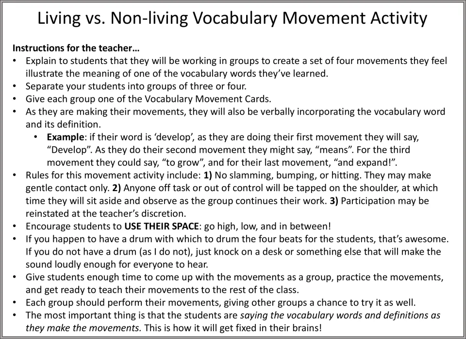 Teacher instructions for groups to create four movements while saying a science word and its definition