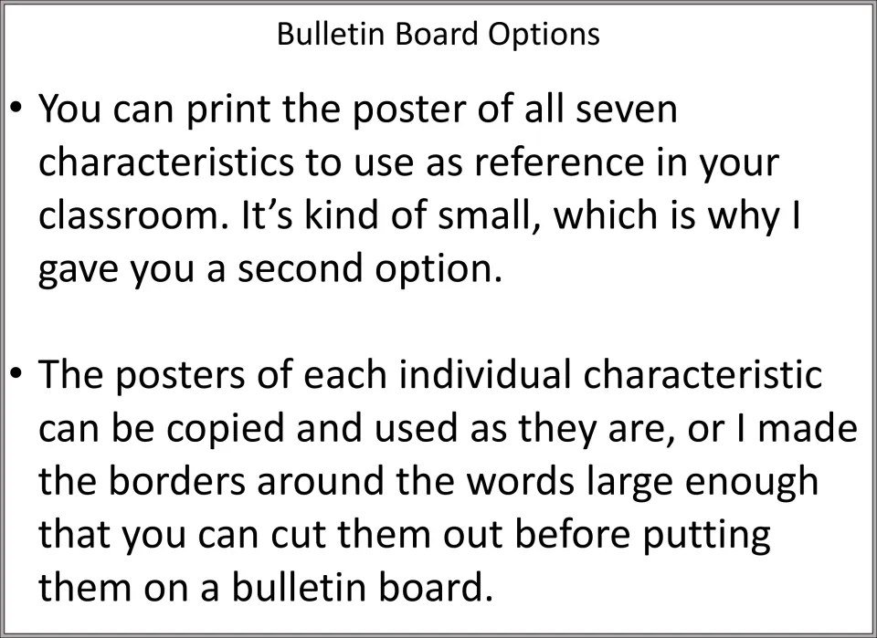 Bulletin board directions for displaying the combined seven-characteristics poster or individual posters