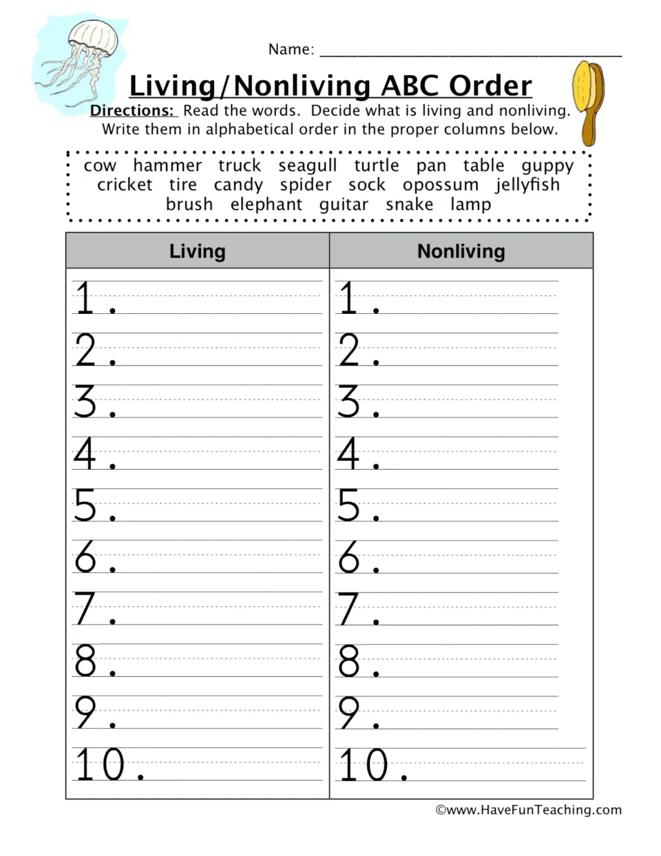 Living and nonliving sorting practice: alphabetize 20 words, including cow, hammer, truck, and seagull.