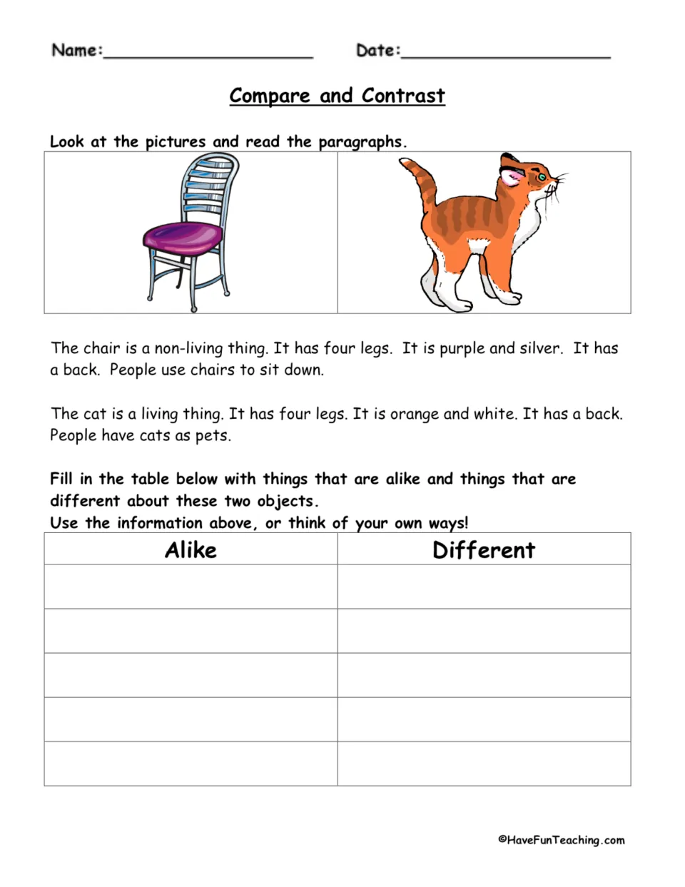 Compare and contrast a chair and a cat: students read two short paragraphs, then list how they are alike and different