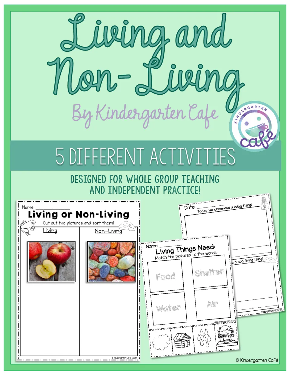 Activity resource cover introducing five living and nonliving activities for whole group and independent practice