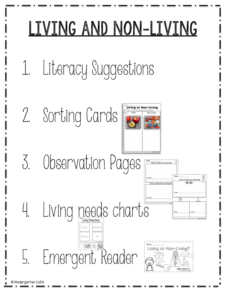 Contents list: literacy suggestions, sorting cards, observation pages, living needs charts, and emergent reader