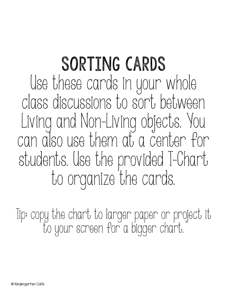 Sorting card directions explain whole class discussion, center use, and organizing cards on the provided T-chart