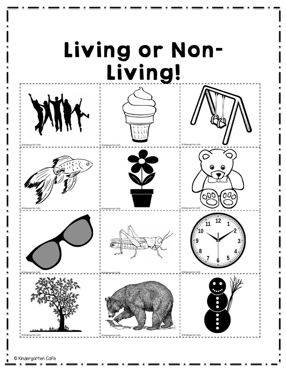 Twelve illustrated cutouts for living and nonliving sorting include people, ice cream, a swing, and nine more
