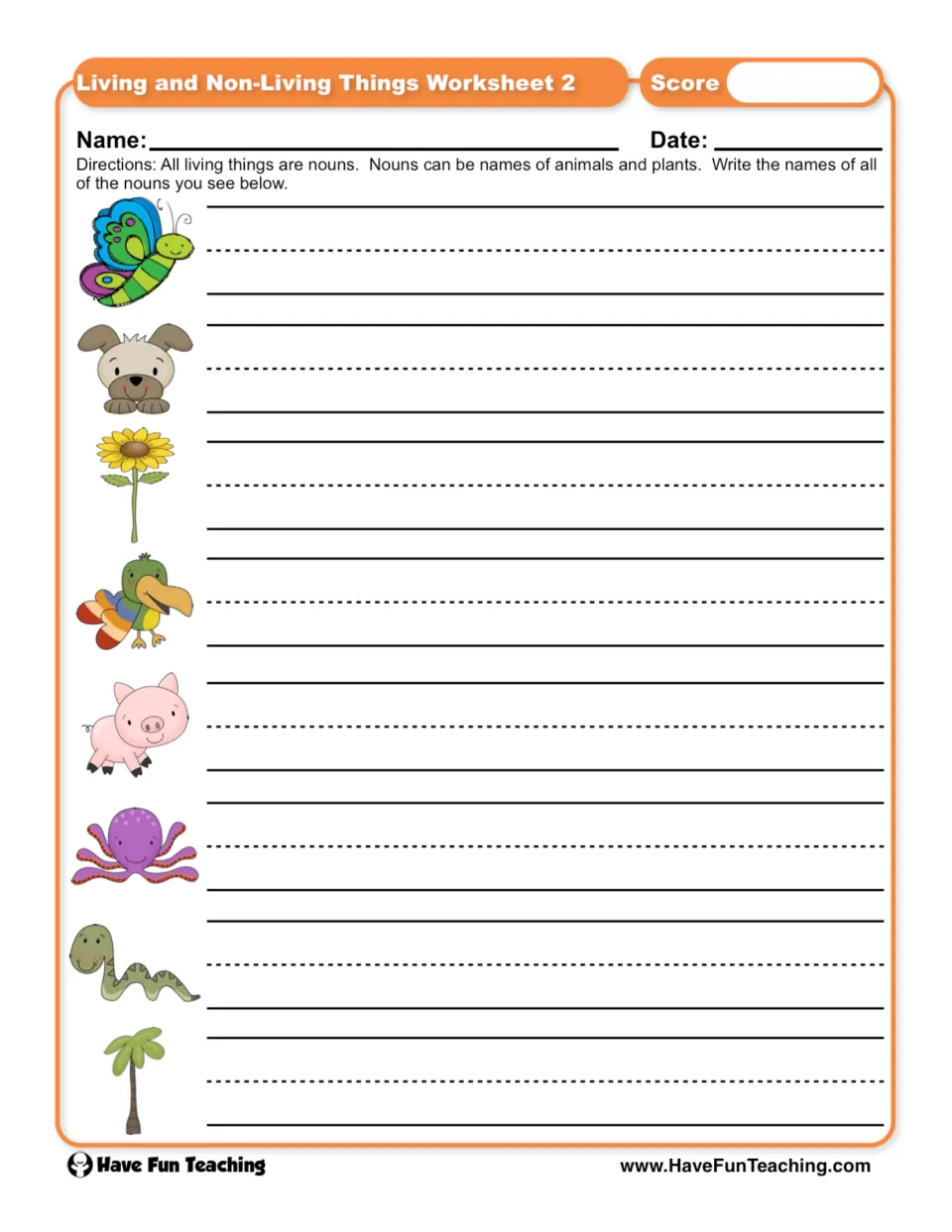 Living things as nouns: students write the name of each animal or plant shown, such as a butterfly, pig, octopus and snake