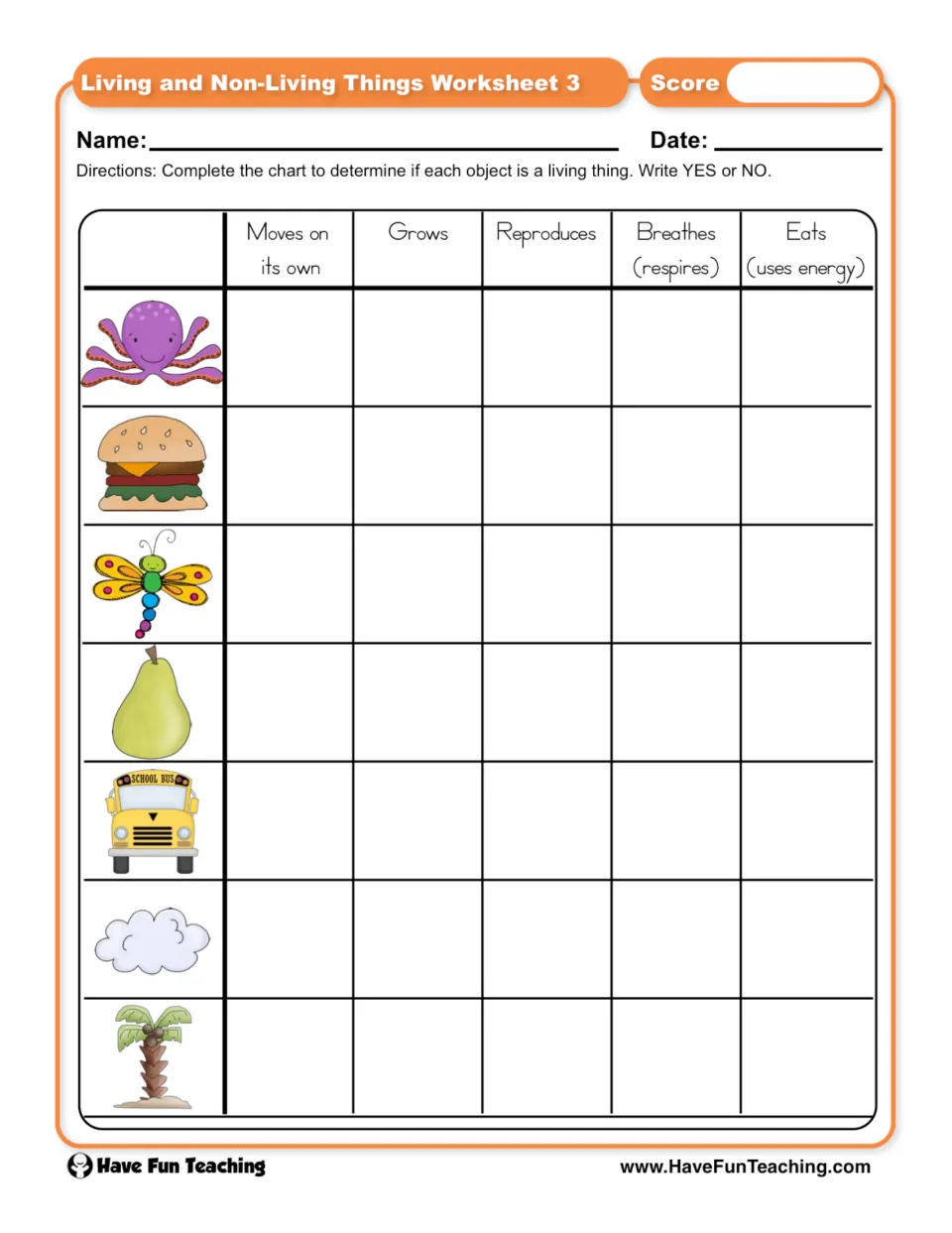 Life traits chart: students write YES or NO for whether an octopus, pear, bus or cloud moves, grows, breathes and eats