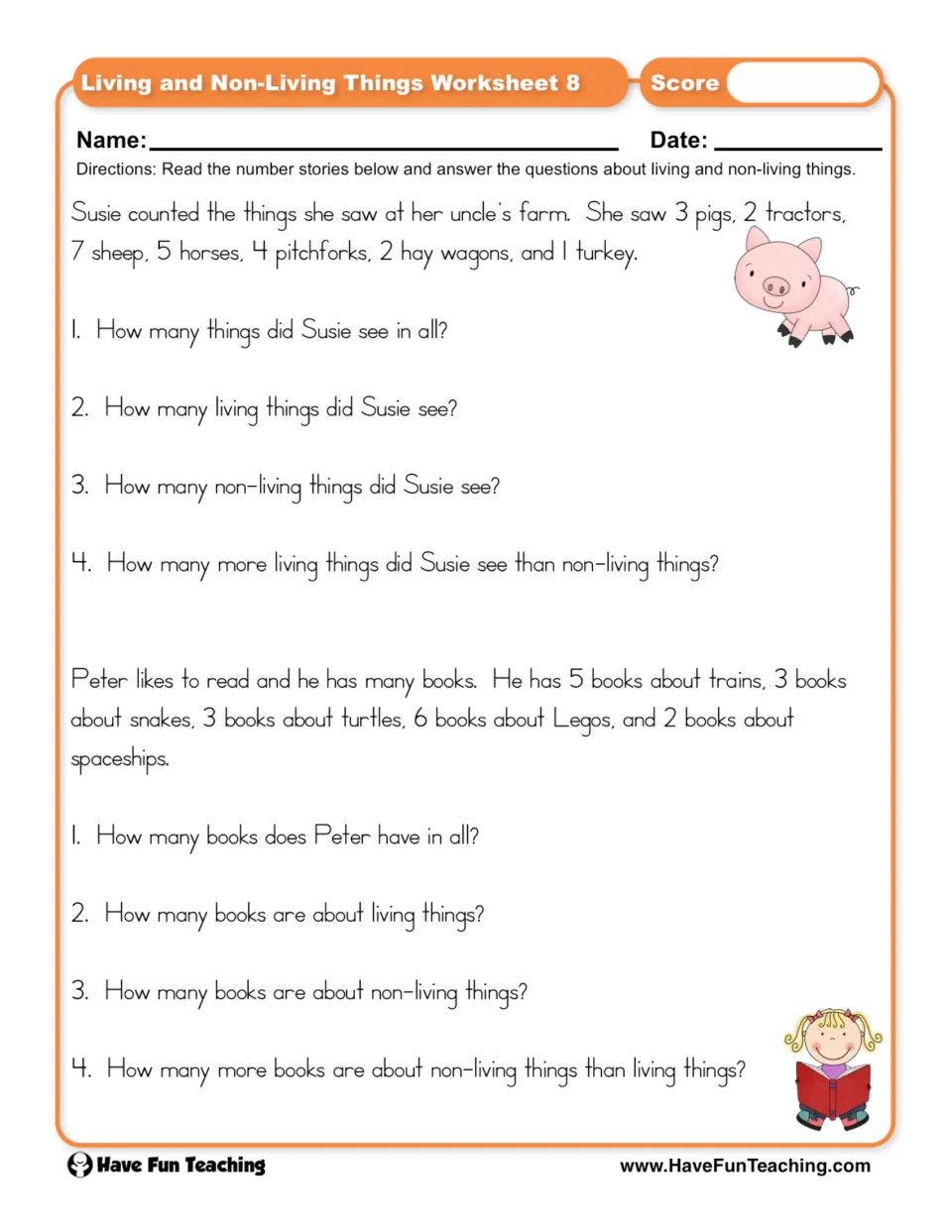 Number stories: students answer questions on Susie's farm and Peter's books, counting living and non-living things