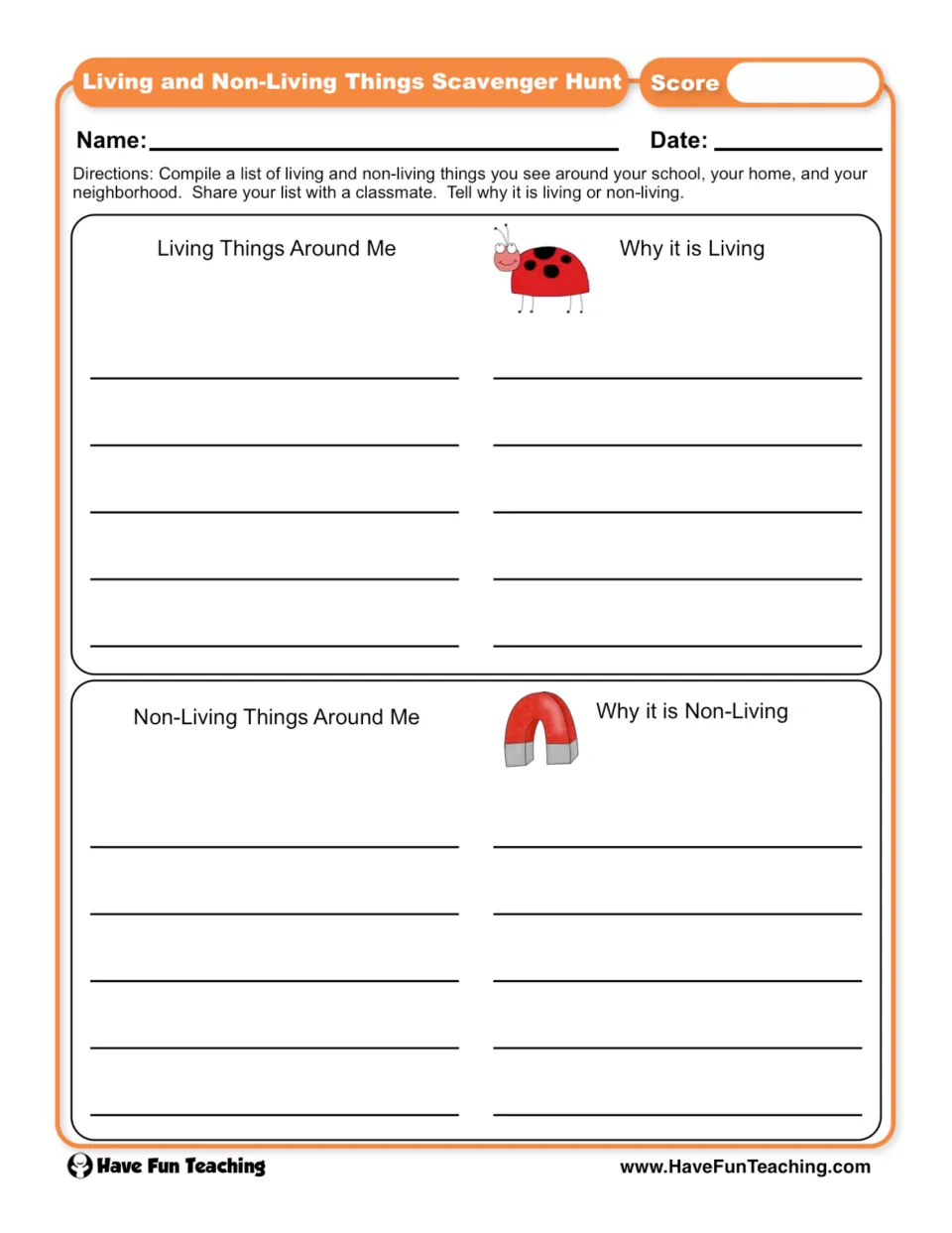 Living vs non-living things: students list five of each seen at school, home and nearby, and explain why for each