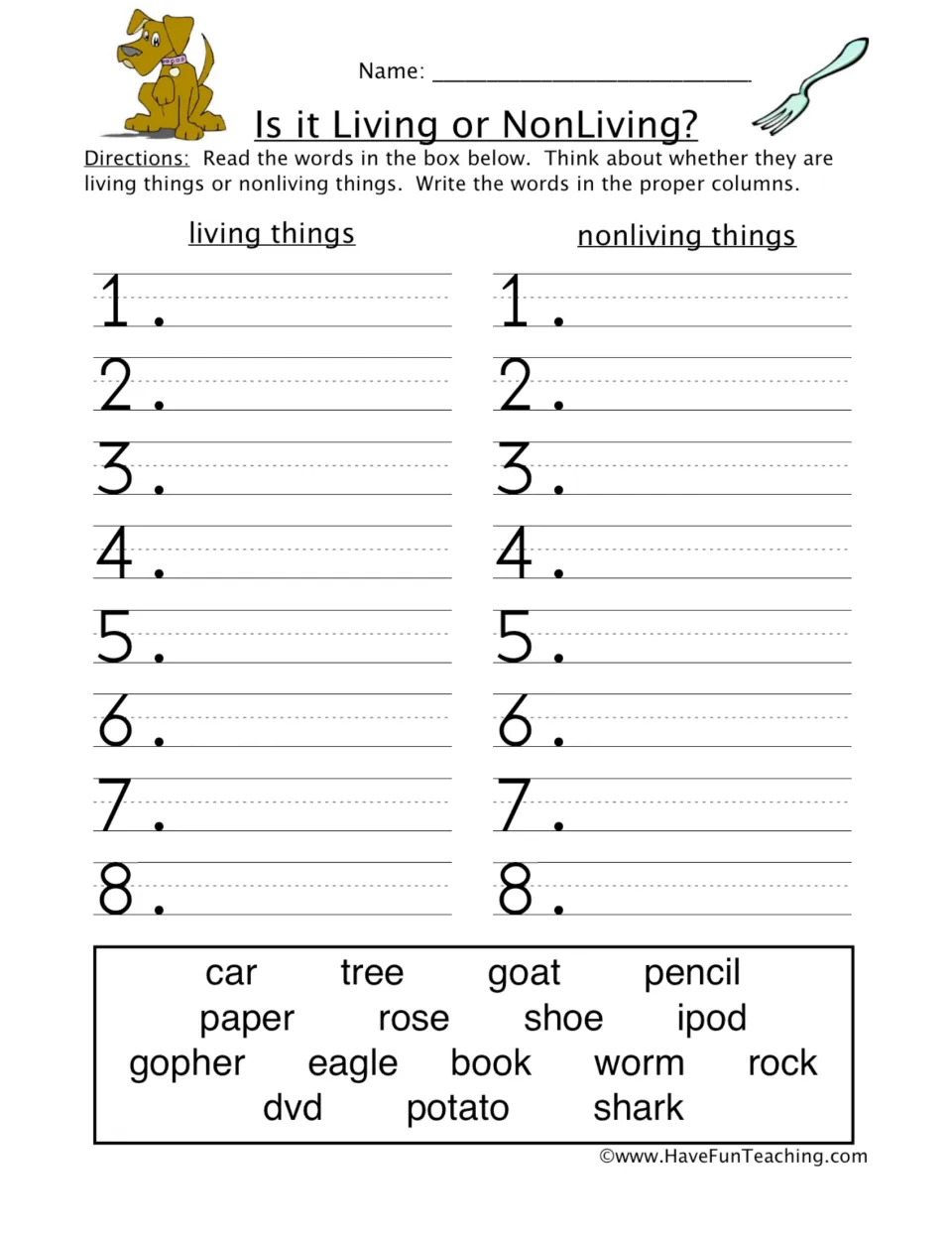 Living and nonliving sorting worksheet: classify 16 words, including tree, goat, car, pencil, and potato.