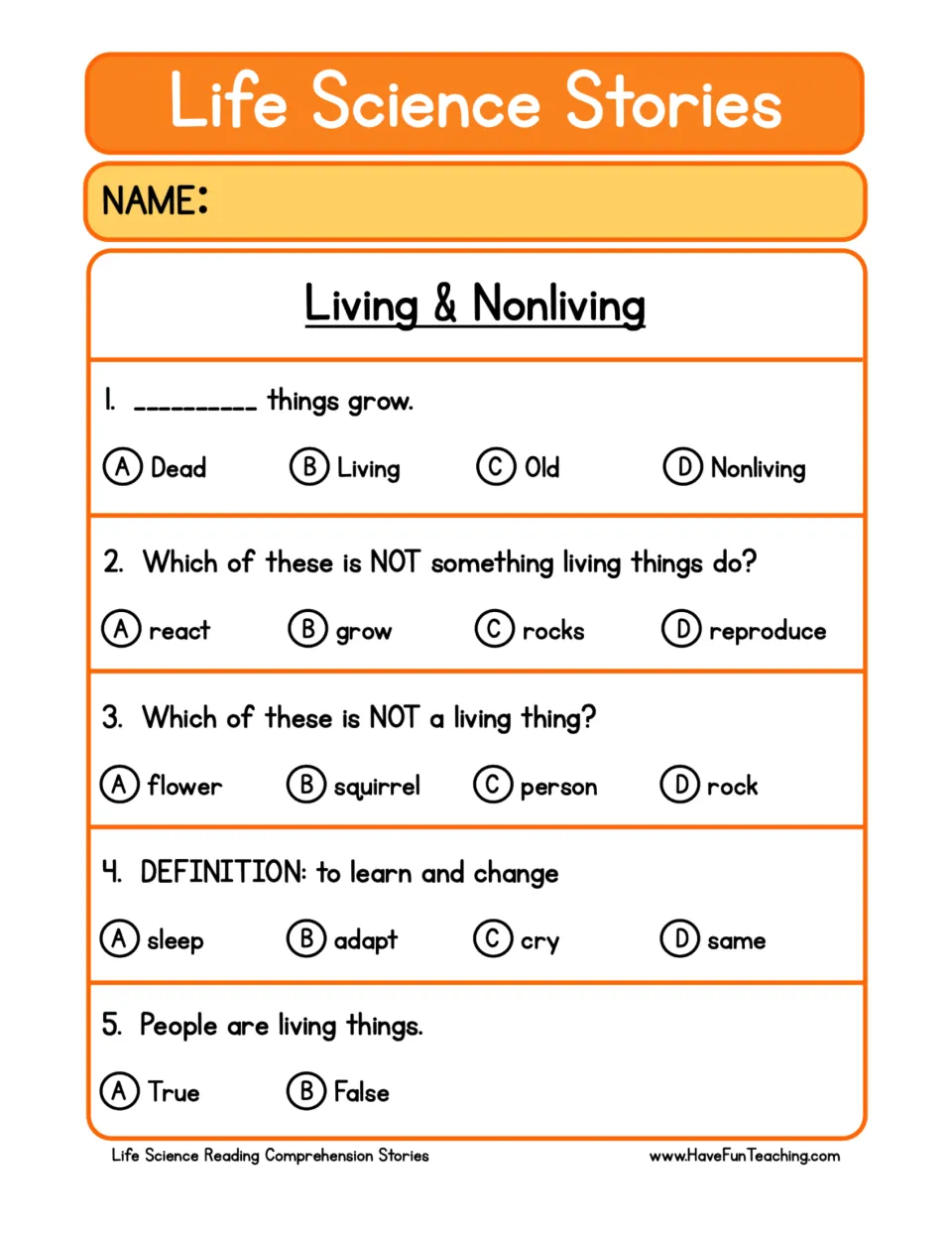 Five comprehension questions about living things cover growth, living traits, rocks, adaptation, and people.
