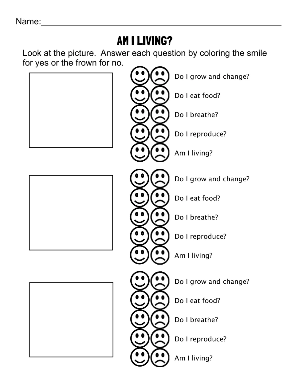 Am I Living? version with no pictures: add your own images, then students answer the five life-trait questions