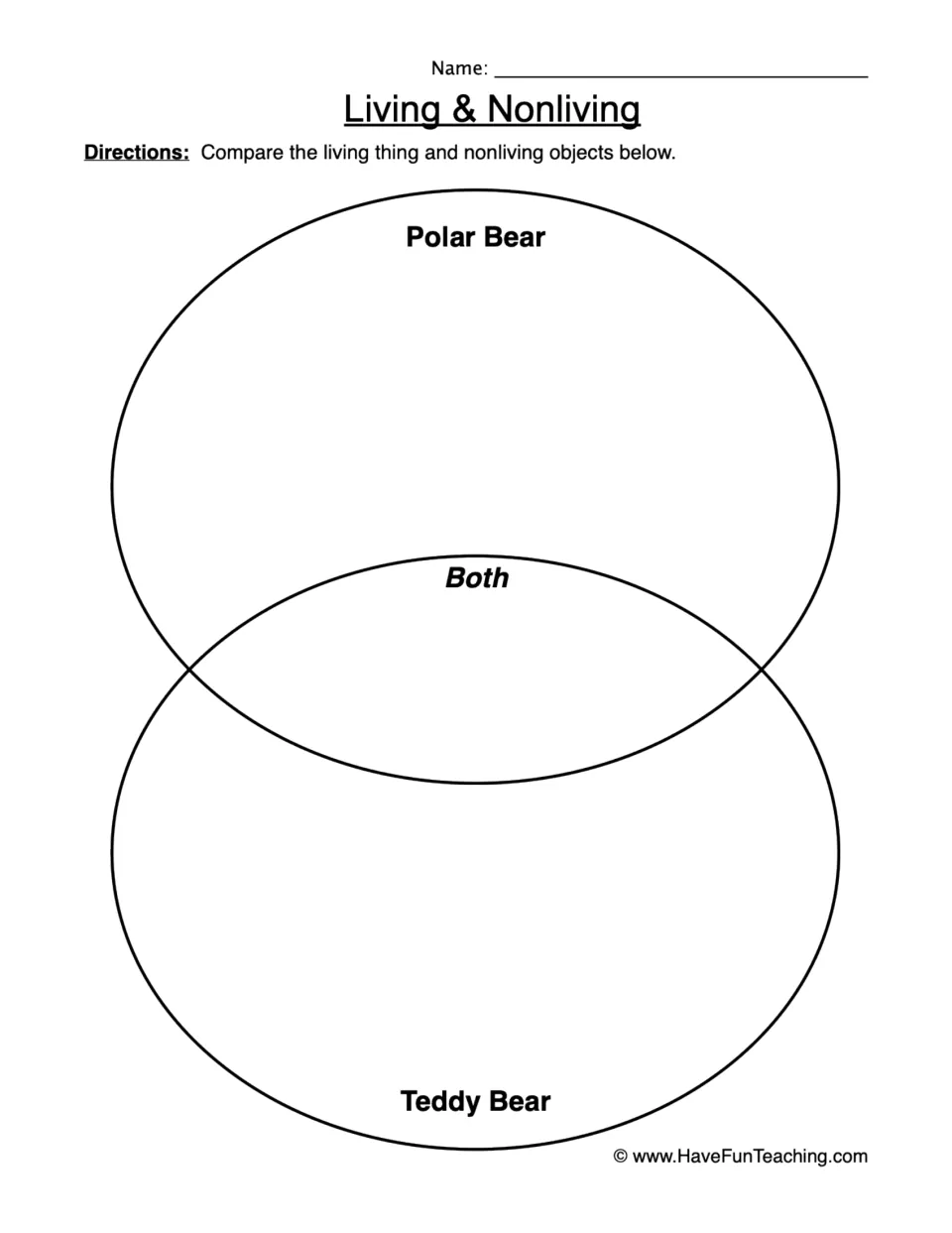 Living & Nonliving Venn diagram: students compare a polar bear and a teddy bear, listing shared traits under Both