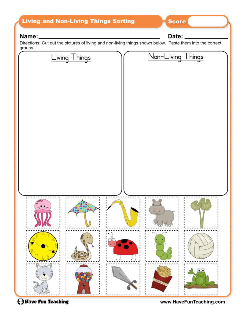 Living vs non-living sort: students cut out 15 pictures such as a cat, frog, clock and sword and paste each into its group