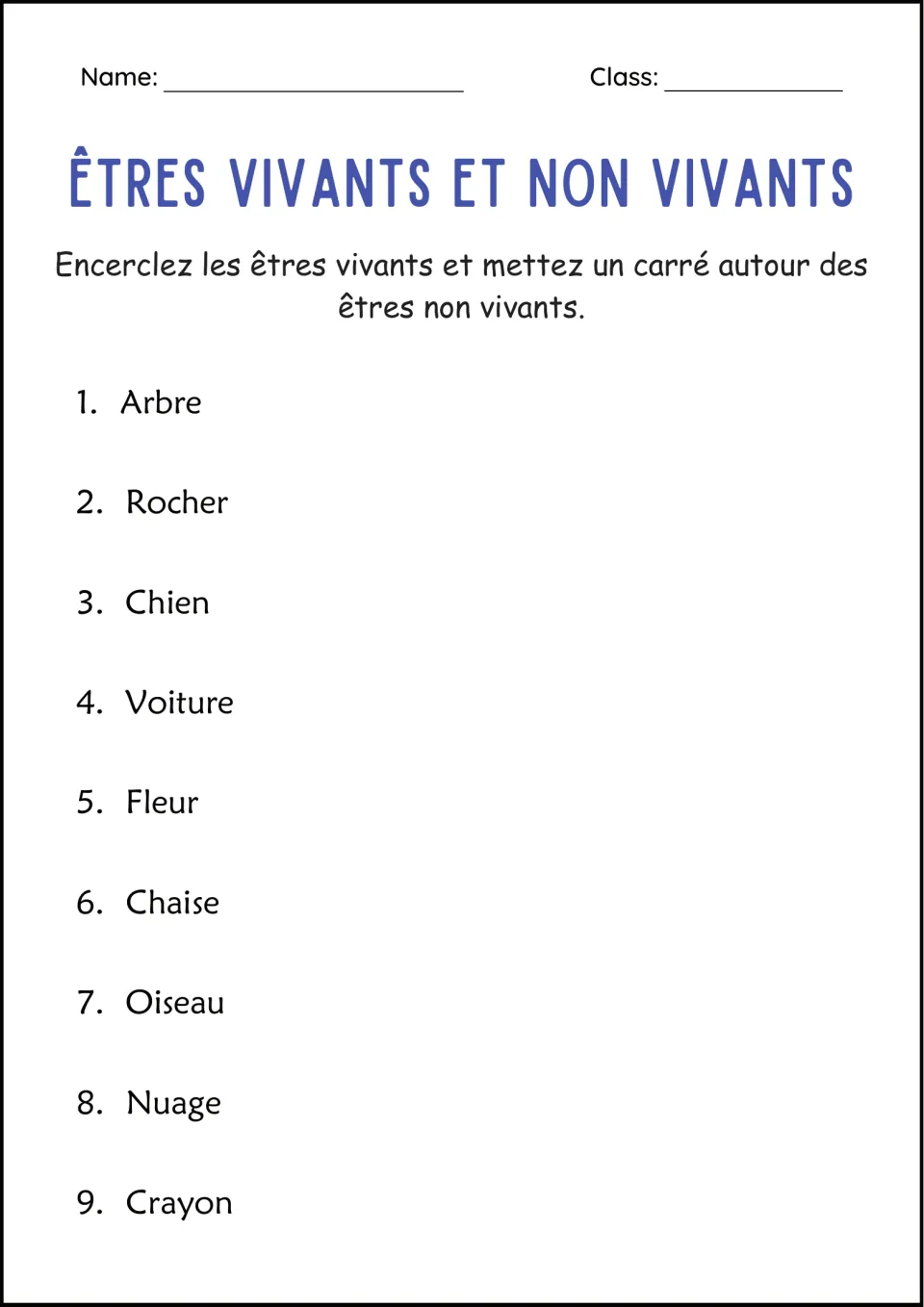 French identification practice: circle living things and mark nonliving things, including arbre (tree) and rocher (rock)