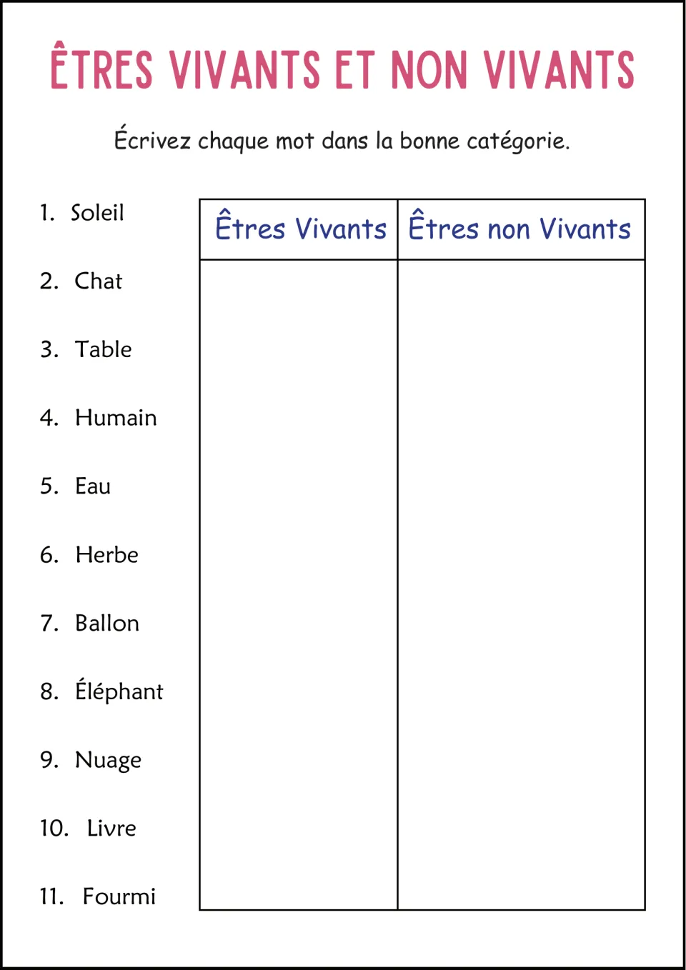 French sorting practice: classify 11 words as living or nonliving, including chat (cat) and soleil (sun)