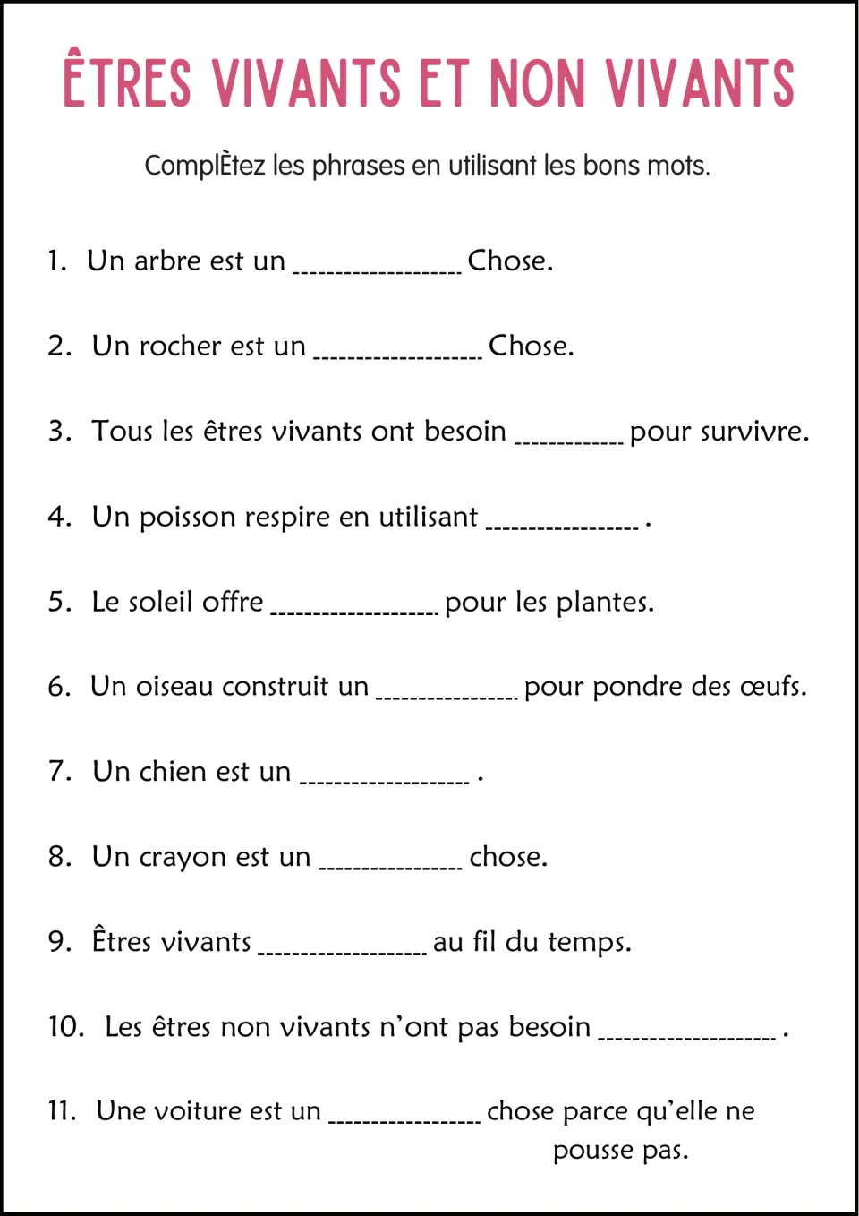 French sentence completion: 11 prompts about living and nonliving things, fish breathing, and plant needs