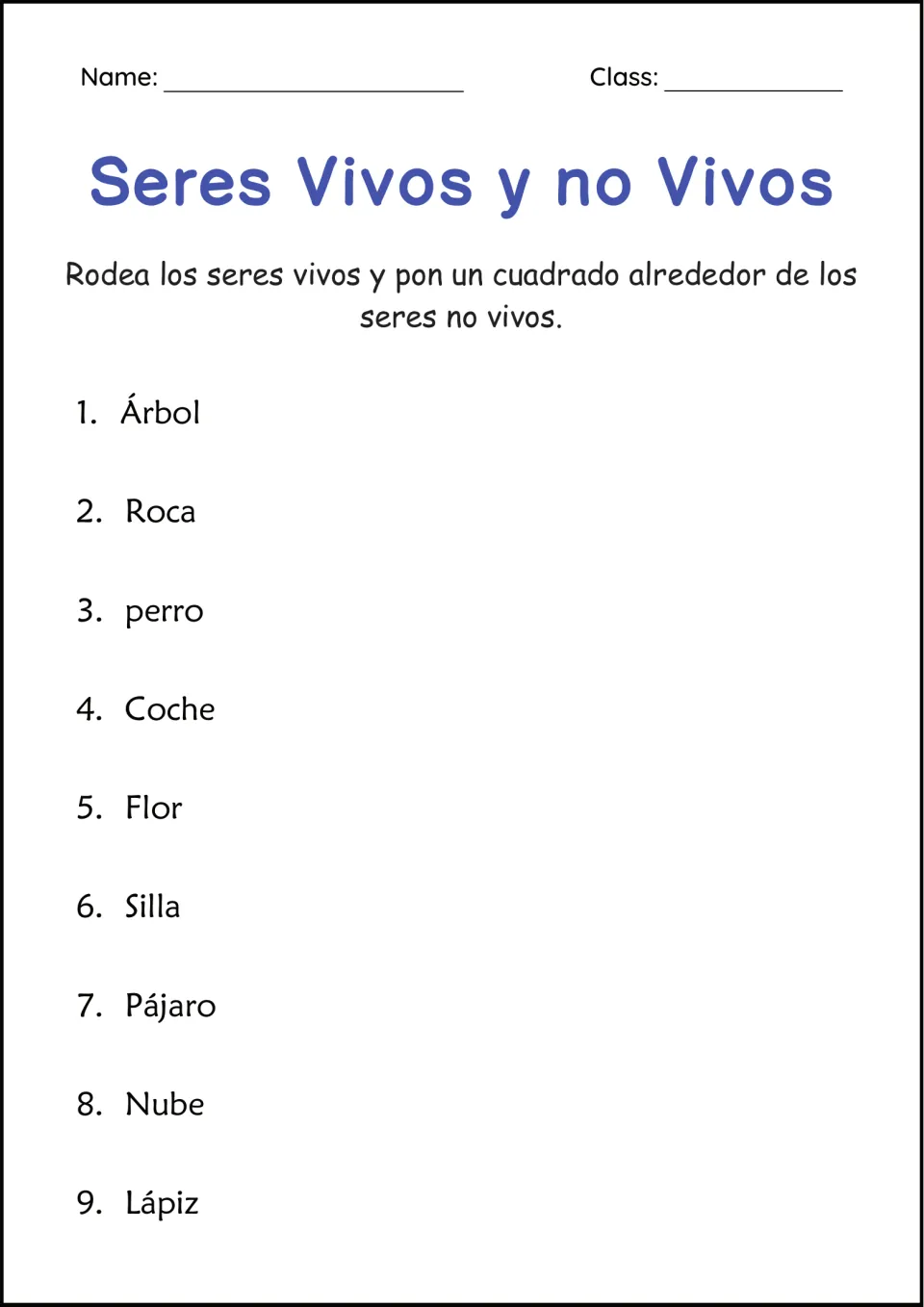 Seres vivos y no vivos in Spanish: students circle living things and box nonliving ones among 9 words like árbol and roca