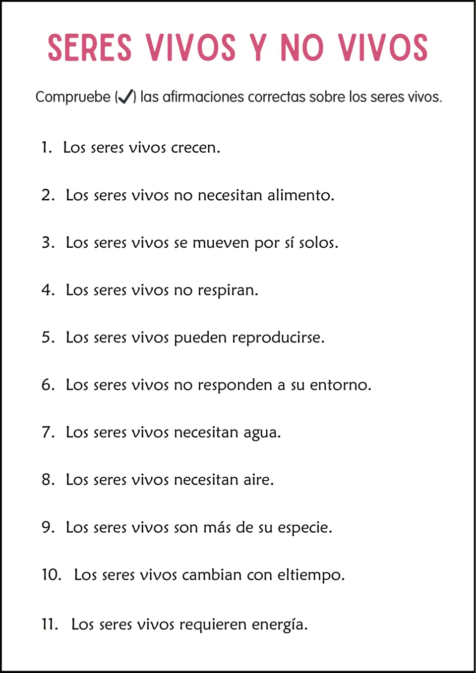 Traits of living things in Spanish: students tick the true statements among 11, such as 'Los seres vivos crecen'