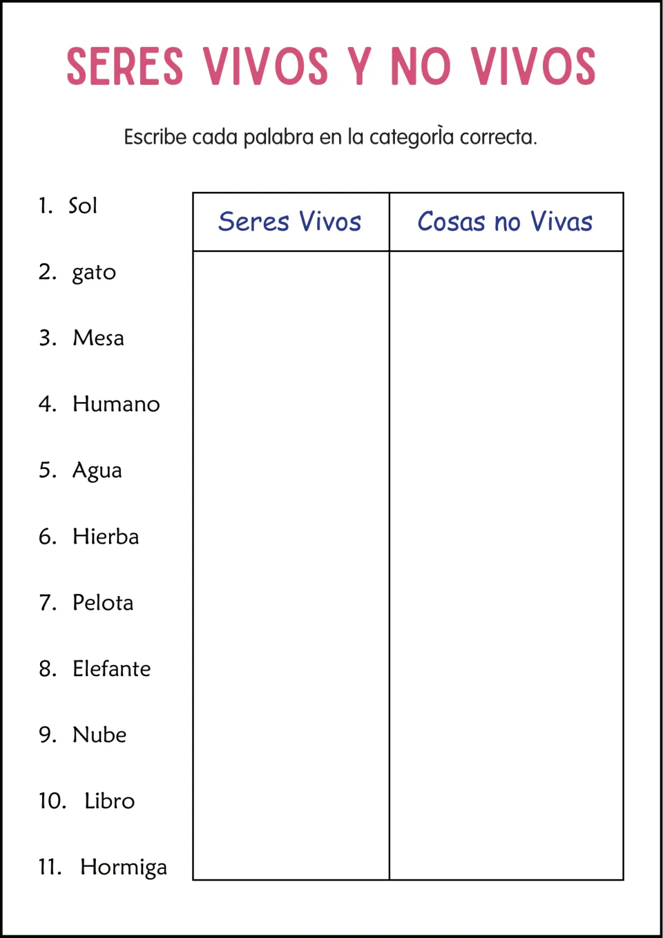 Classifying in Spanish: students write 11 words such as sol, gato, mesa and hormiga under Seres Vivos or Cosas no Vivas
