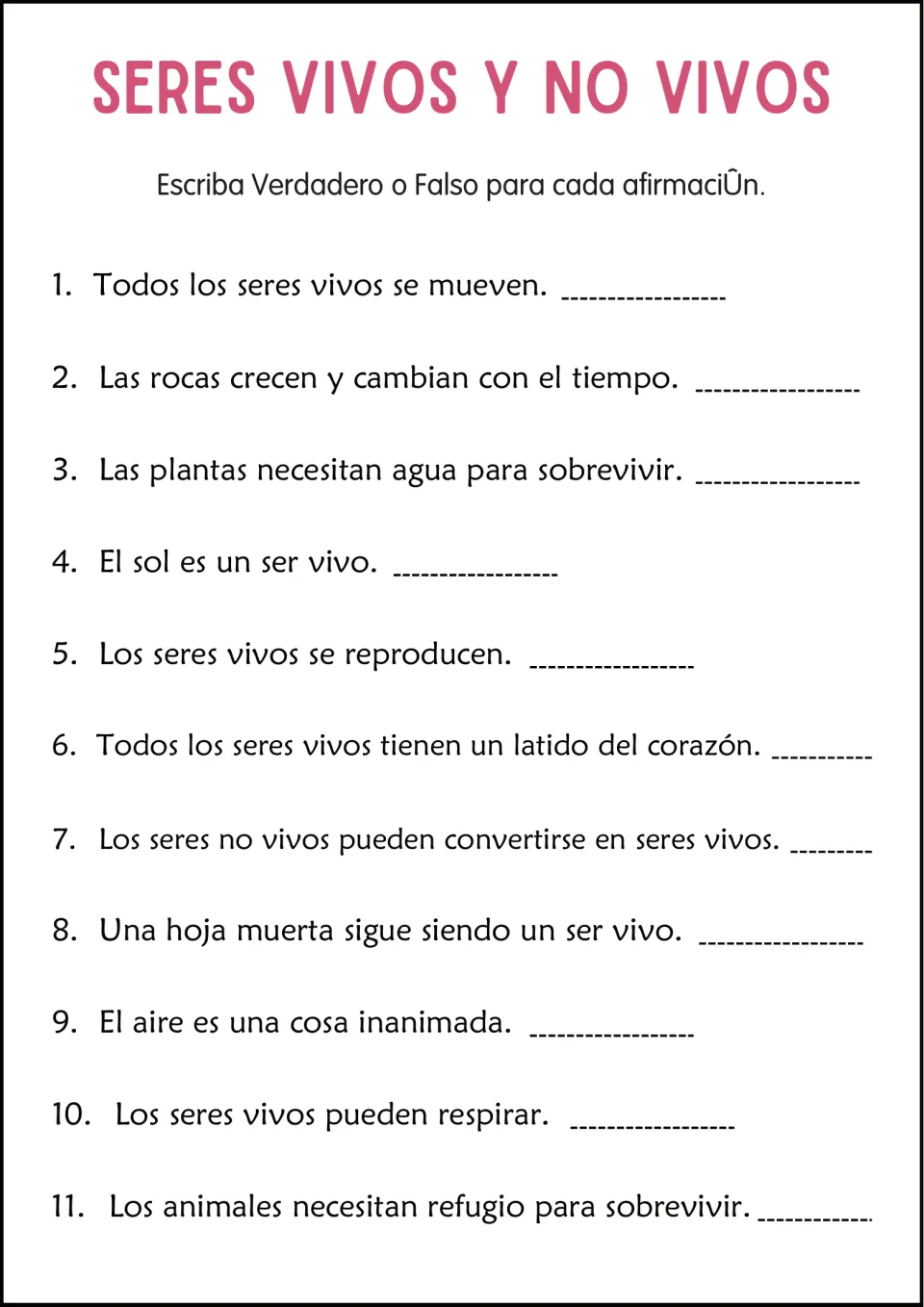 Life traits true or false: students write Verdadero or Falso for 11 Spanish statements such as 'El sol es un ser vivo'