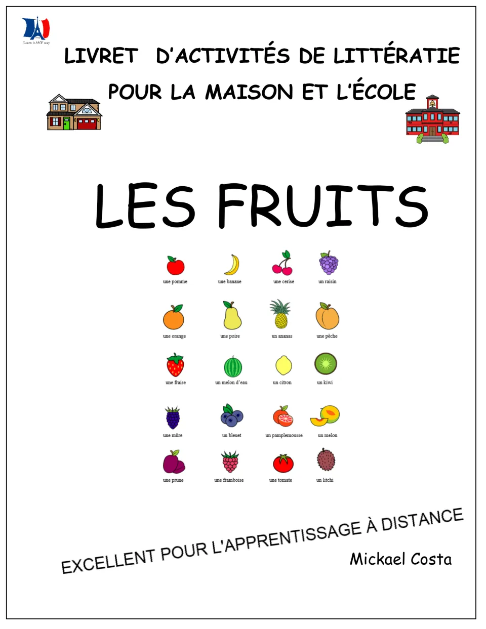 Les Fruits French literacy activity booklet cover for home and school, showing 20 labeled fruit pictures