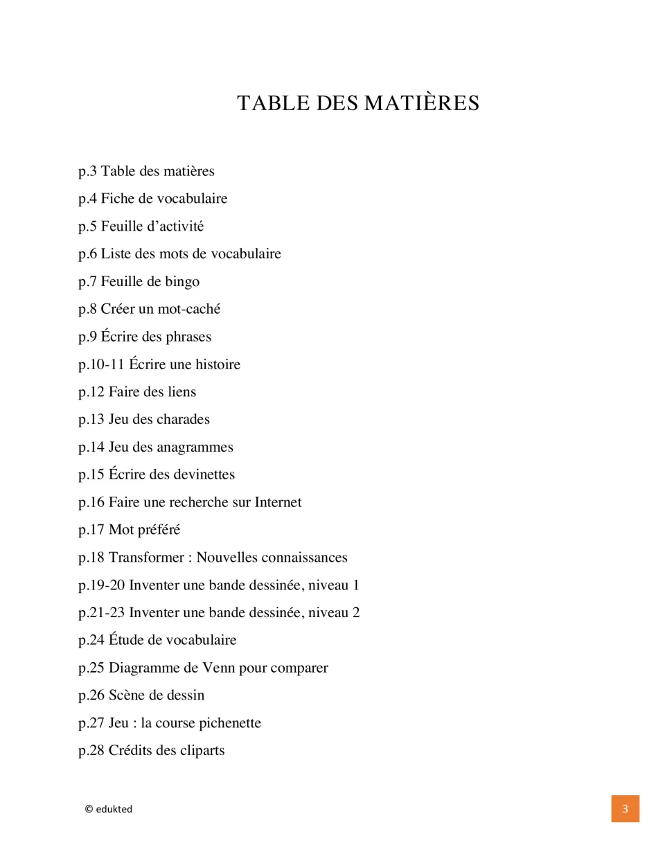 Table des matières listing booklet activities from the p.4 vocabulary sheet through p.27 la course pichenette game