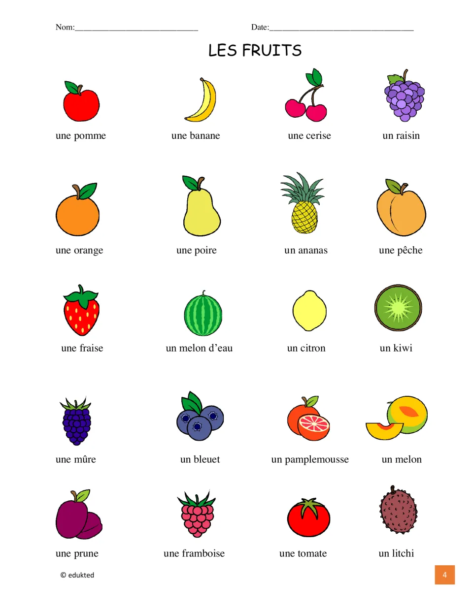French fruit vocabulary sheet: 20 colored pictures labeled with article and noun, such as une pomme and un ananas