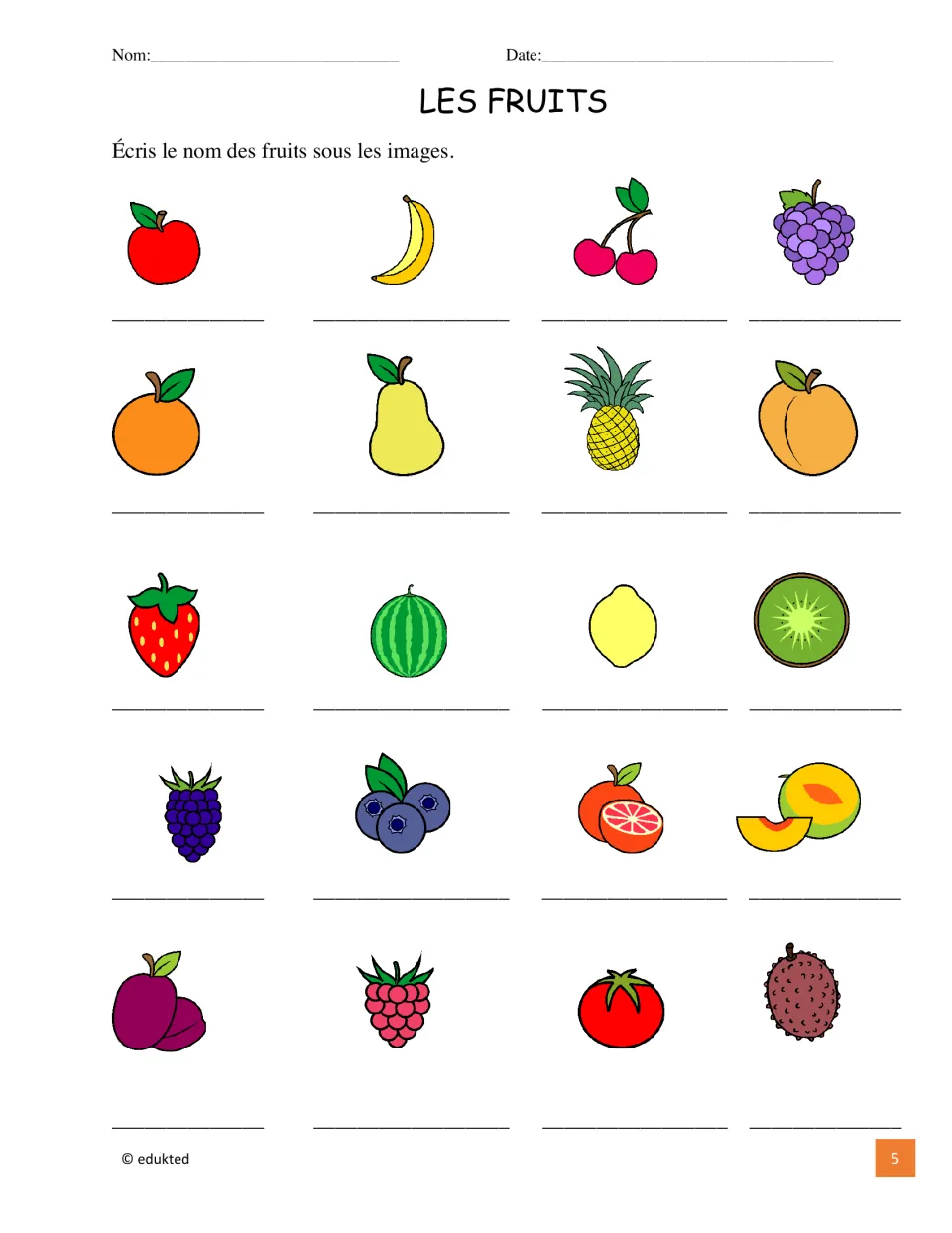 Naming fruits in French: students write the name under each of the 20 pictures, from apple and banana to lychee