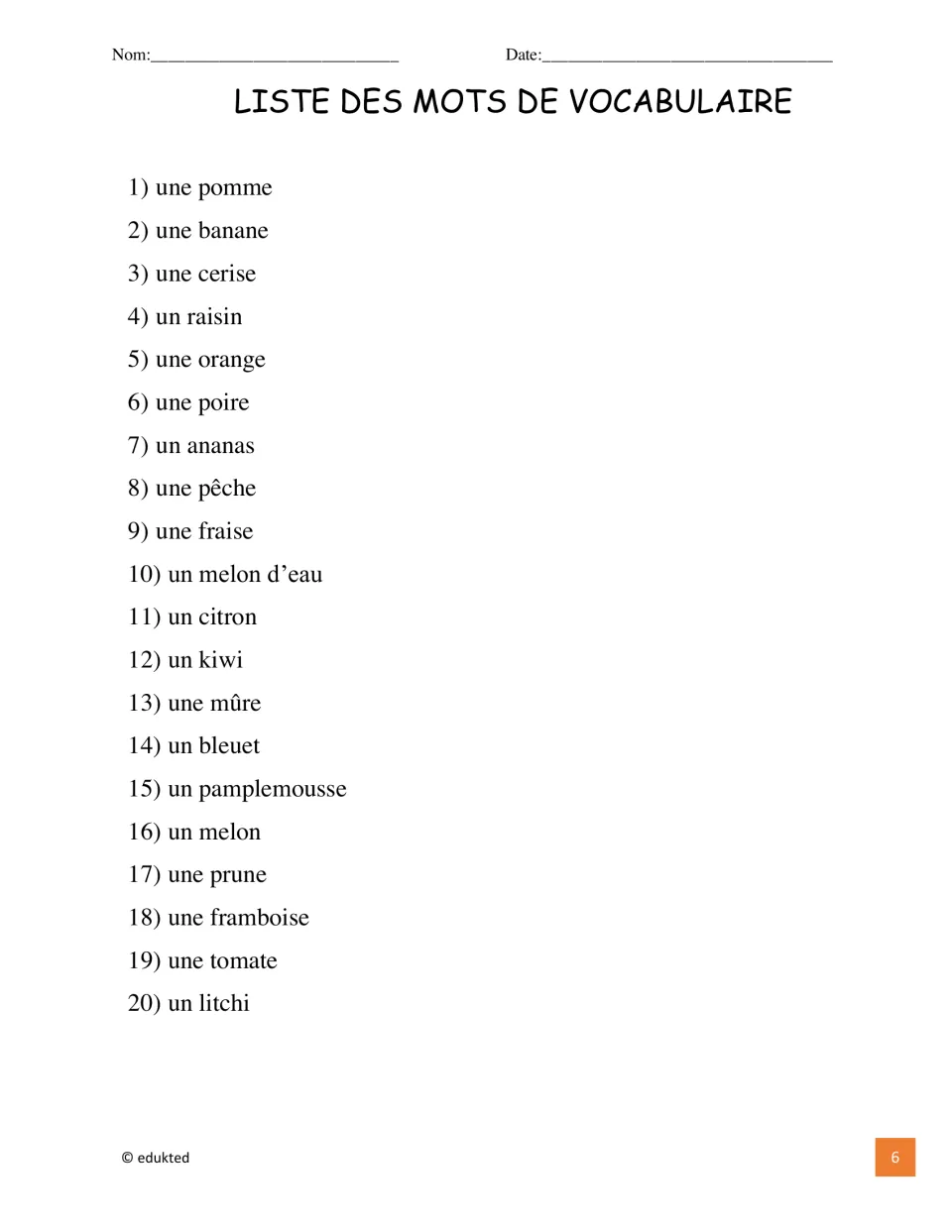 Numbered French fruit vocabulary list of 20 words with articles, from 1) une pomme to 20) un litchi