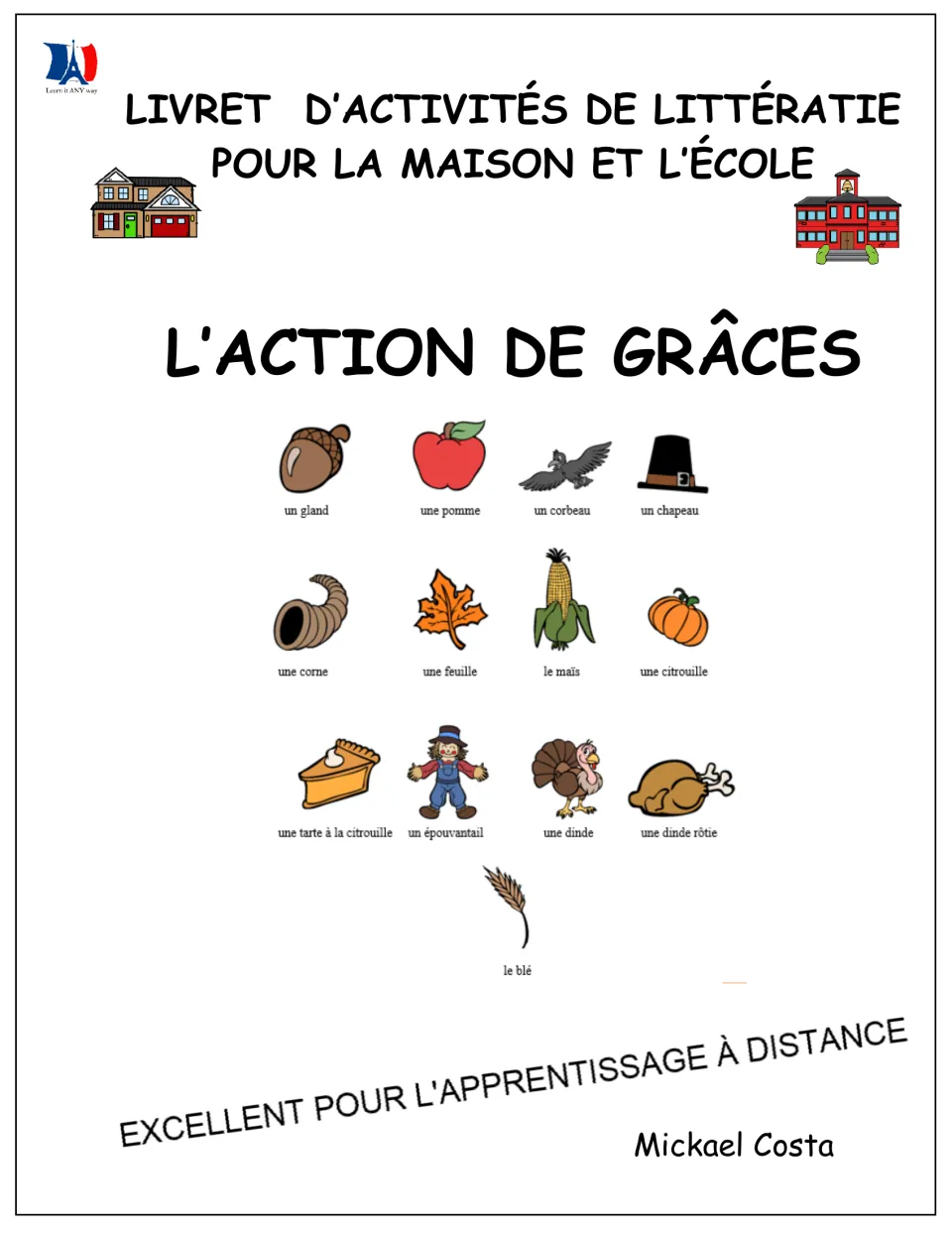 French Thanksgiving literacy workbook cover for home and school, featuring labeled seasonal vocabulary