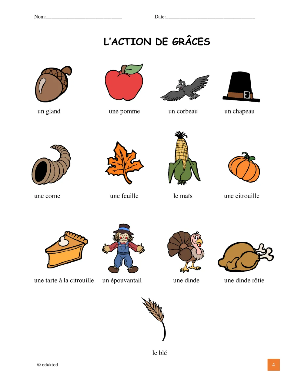 Thanksgiving vocabulary reference pairs 13 pictures with French labels, including le blé (wheat)