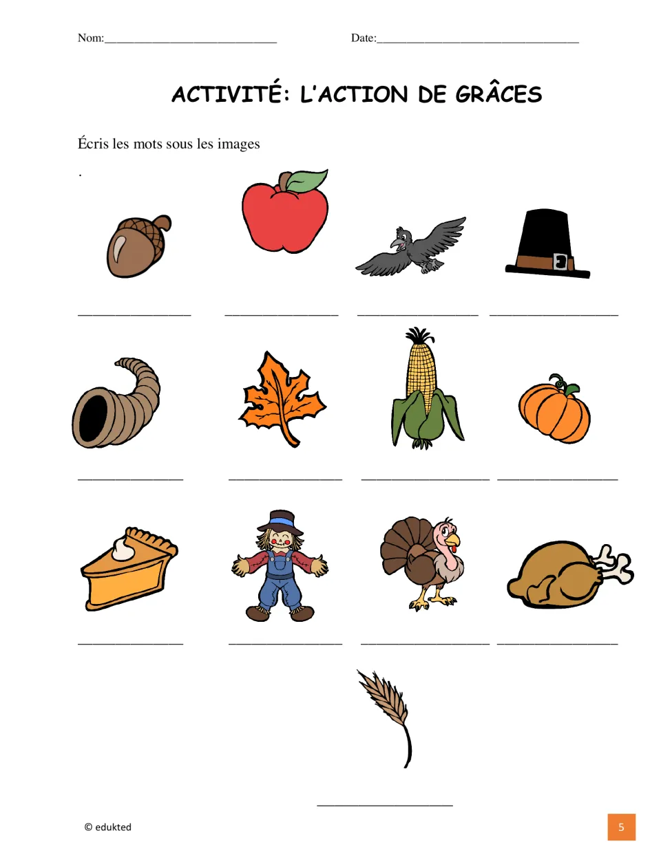 Thanksgiving labeling activity asks students to write French words for 13 pictures, including corn and wheat