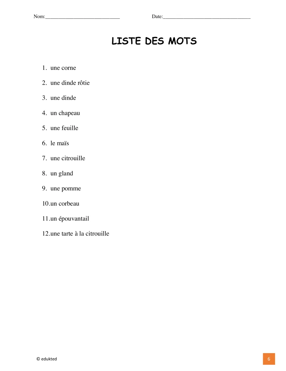 Thanksgiving word list gives 12 French terms, including une dinde (turkey) and une citrouille (pumpkin)