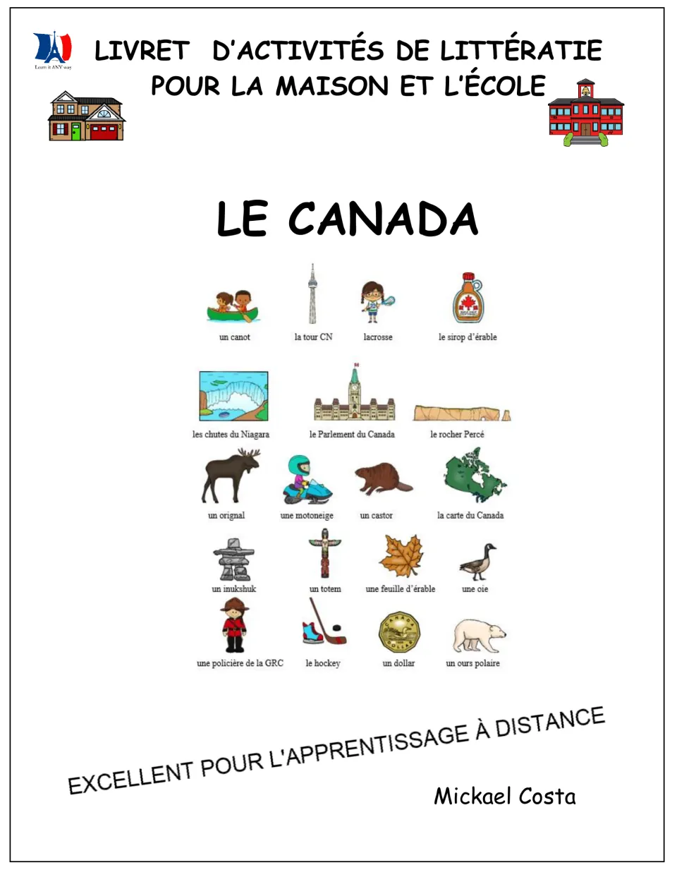 French Canada literacy workbook cover showing vocabulary pictures for use at home and school