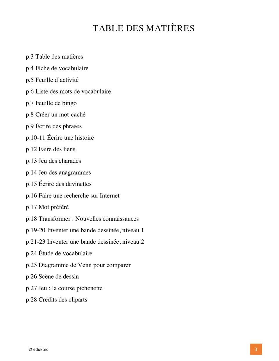 Table of contents lists Canada vocabulary, bingo, writing, research, comics, and other activities through page 28