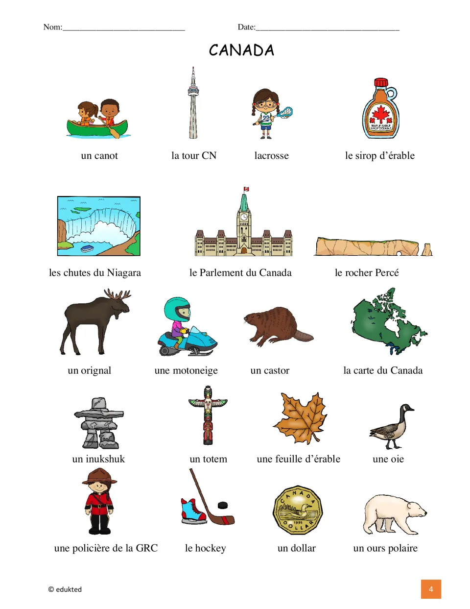 Canada picture vocabulary reference labels 19 items in French, including un canot (canoe) and un castor (beaver)