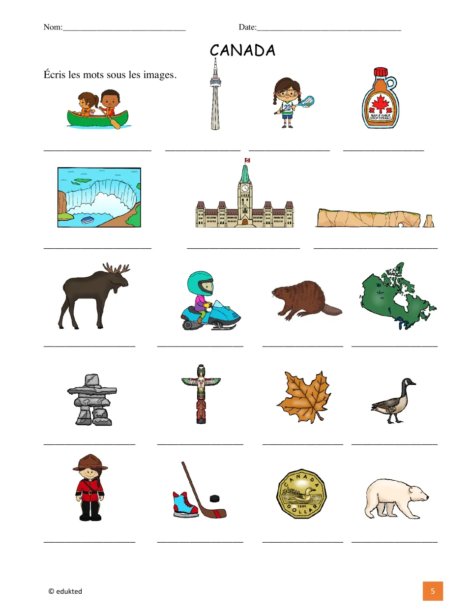 Canada vocabulary labeling activity asks students to write French words for 19 pictures, including the CN Tower