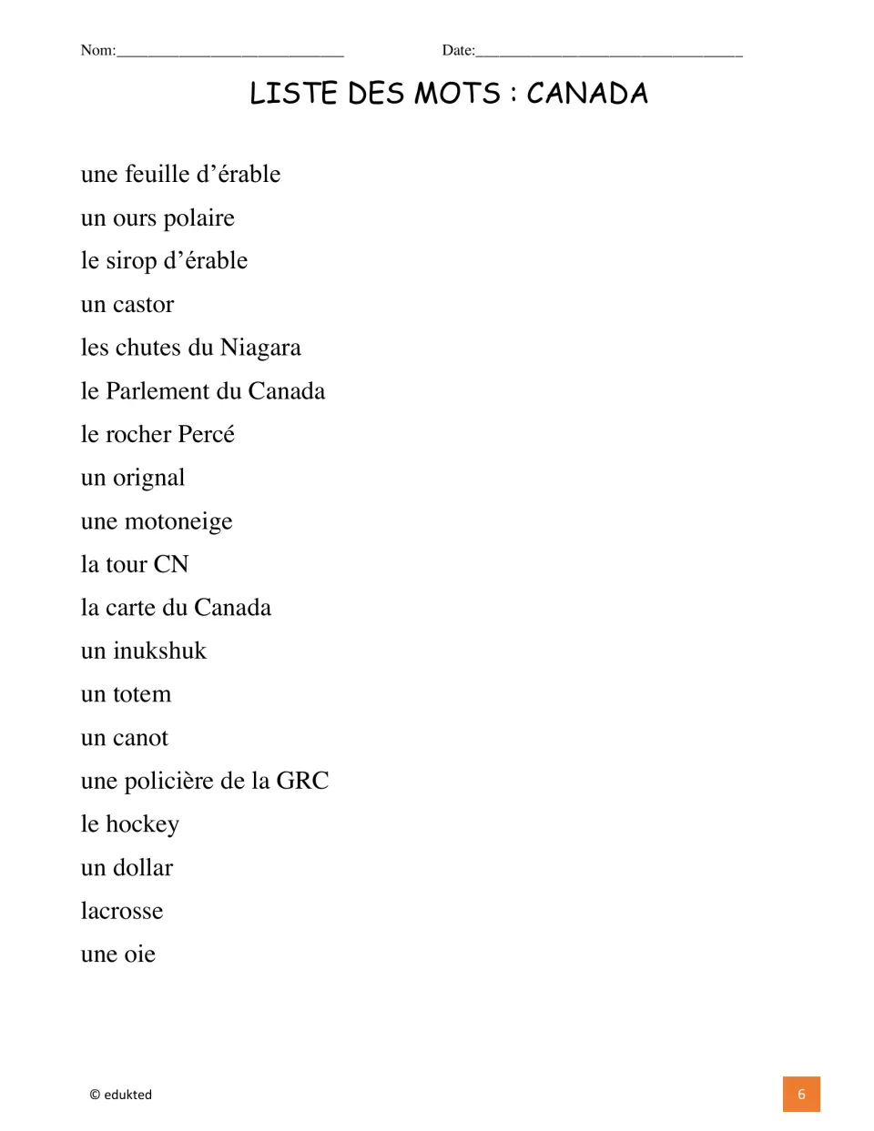 Canada vocabulary list gives 19 French terms, including une feuille d’érable (maple leaf) and un ours polaire (polar bear)