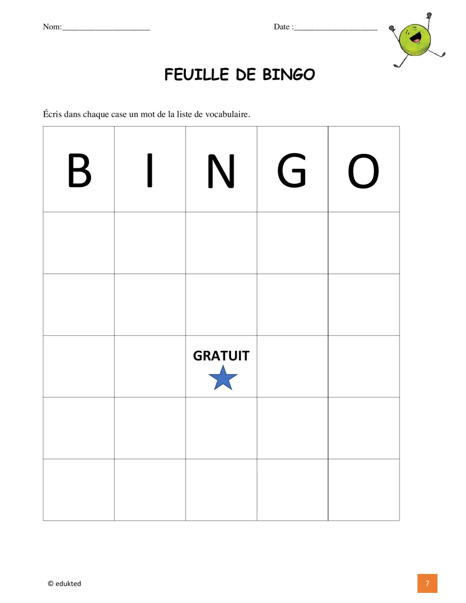 French vocabulary bingo activity asks students to fill their card with words from the Canada vocabulary list
