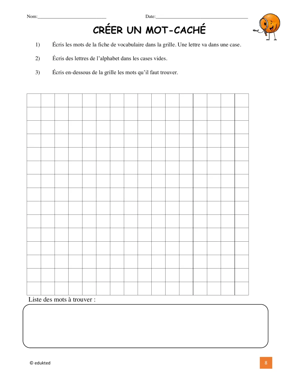 French word search creation activity asks students to place vocabulary words, add letters, and list words to find