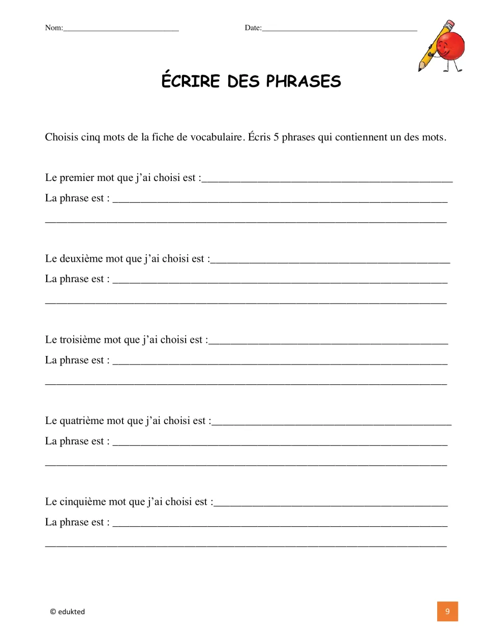 French sentence-writing activity asks students to choose five vocabulary words and write a sentence for each