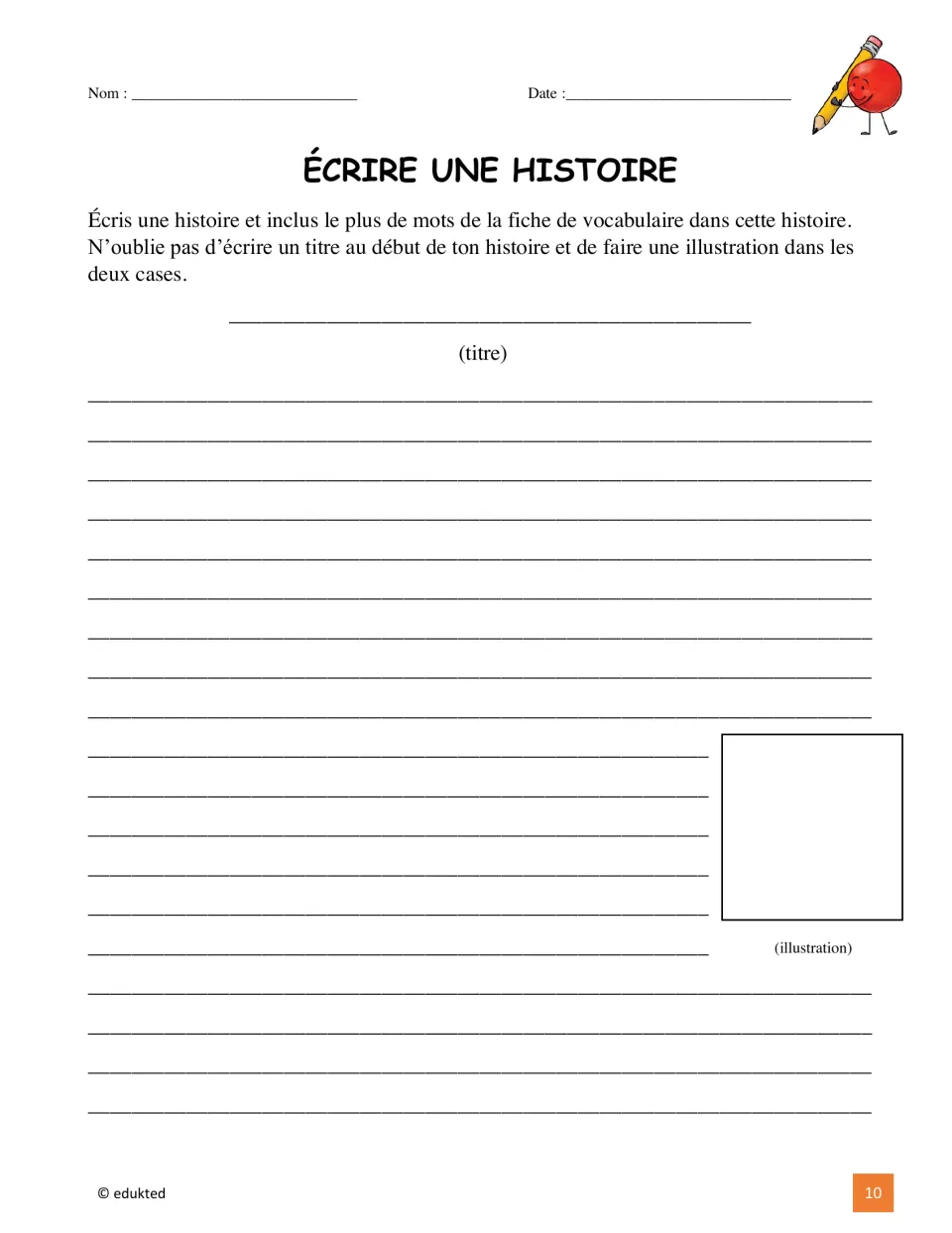 French story-writing activity asks students to use as many vocabulary words as possible, add a title, and illustrate