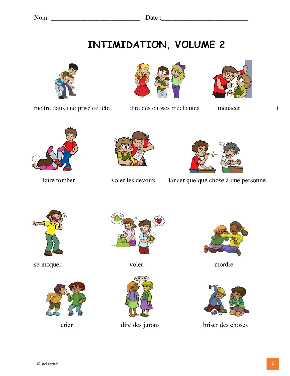 French bullying vocabulary reference illustrates 12 actions, including menacer (threaten) and voler (steal)
