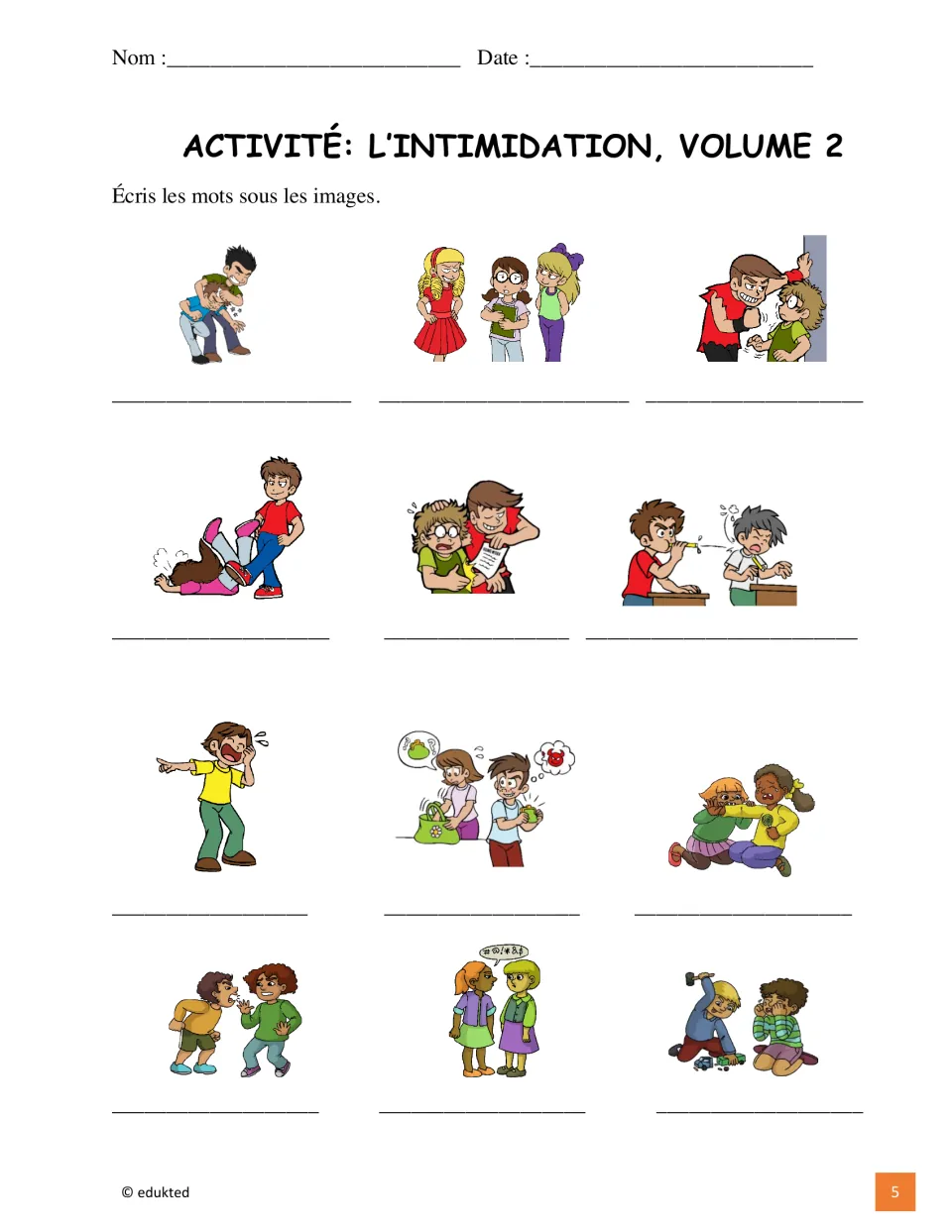French vocabulary labeling activity asks students to name 12 pictured bullying actions from the reference sheet