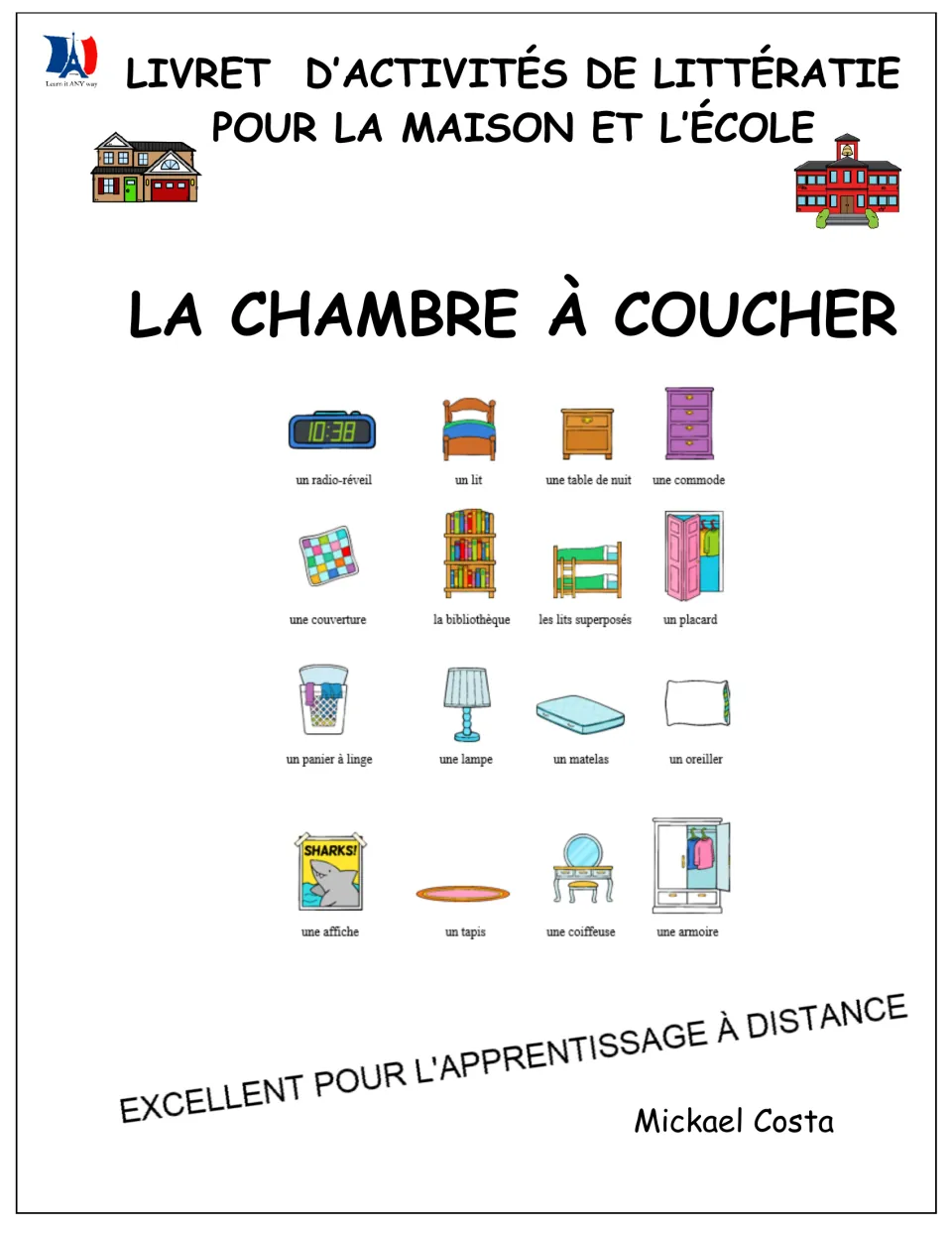 French literacy booklet cover: La chambre à coucher (the bedroom), showing 16 illustrated vocabulary terms