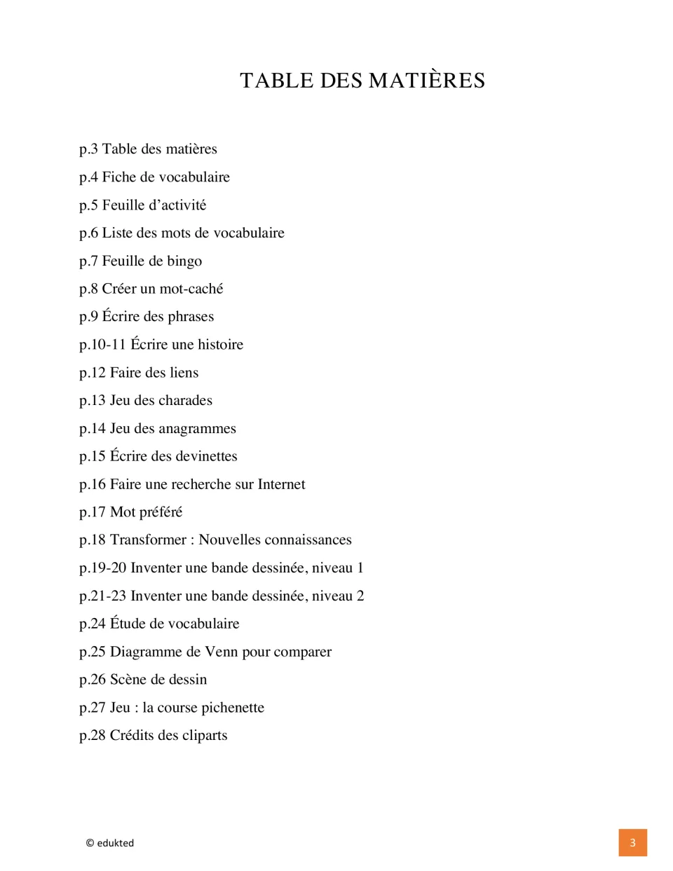 Booklet contents list vocabulary, bingo, sentence and story writing, comics, and other activities through page 28