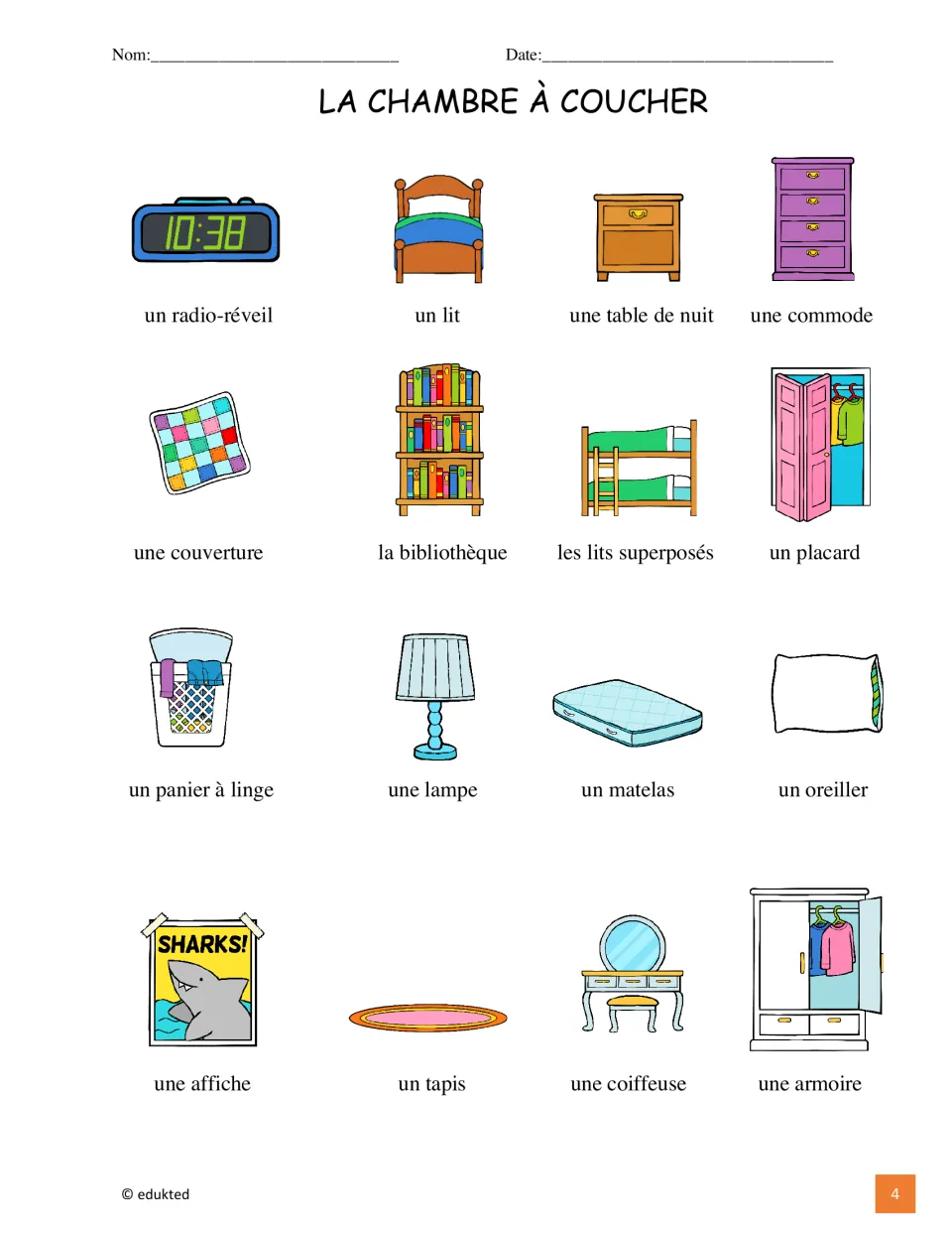 Bedroom vocabulary reference: 16 labeled pictures, including un lit (bed) and une lampe (lamp)