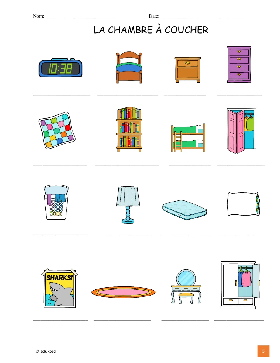 Bedroom labeling activity repeats the 16 reference pictures, including a bed, dresser, lamp, and wardrobe