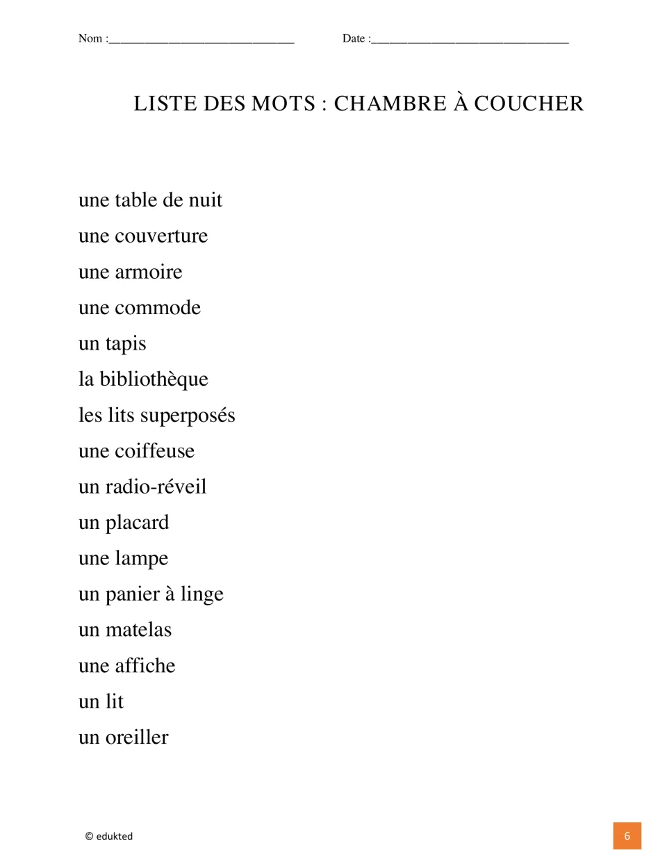 Bedroom word list contains 16 French terms, including une couverture (blanket) and un oreiller (pillow)