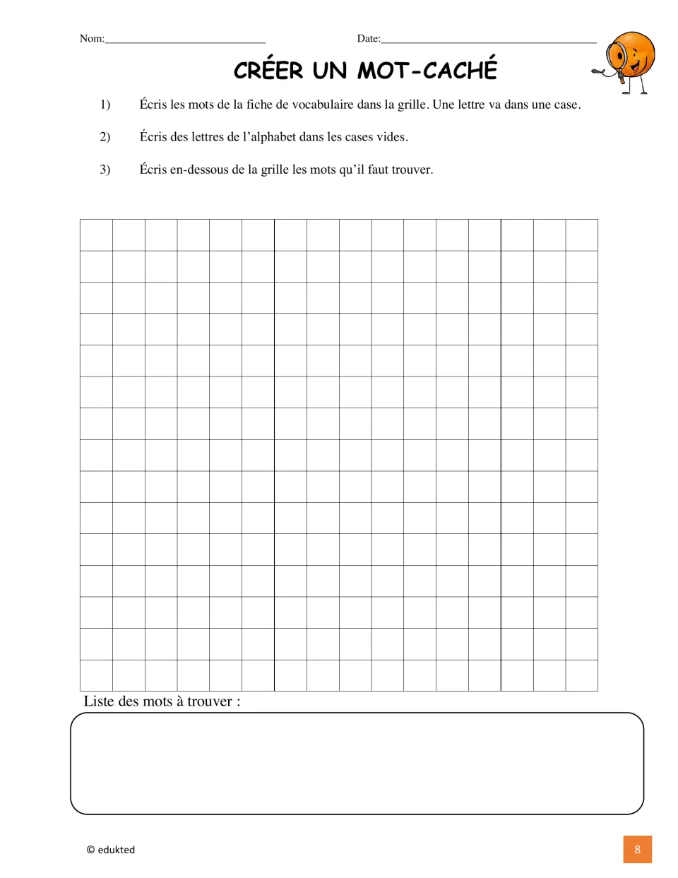 French word-search creation activity asks students to hide vocabulary words, add letters, and list the words